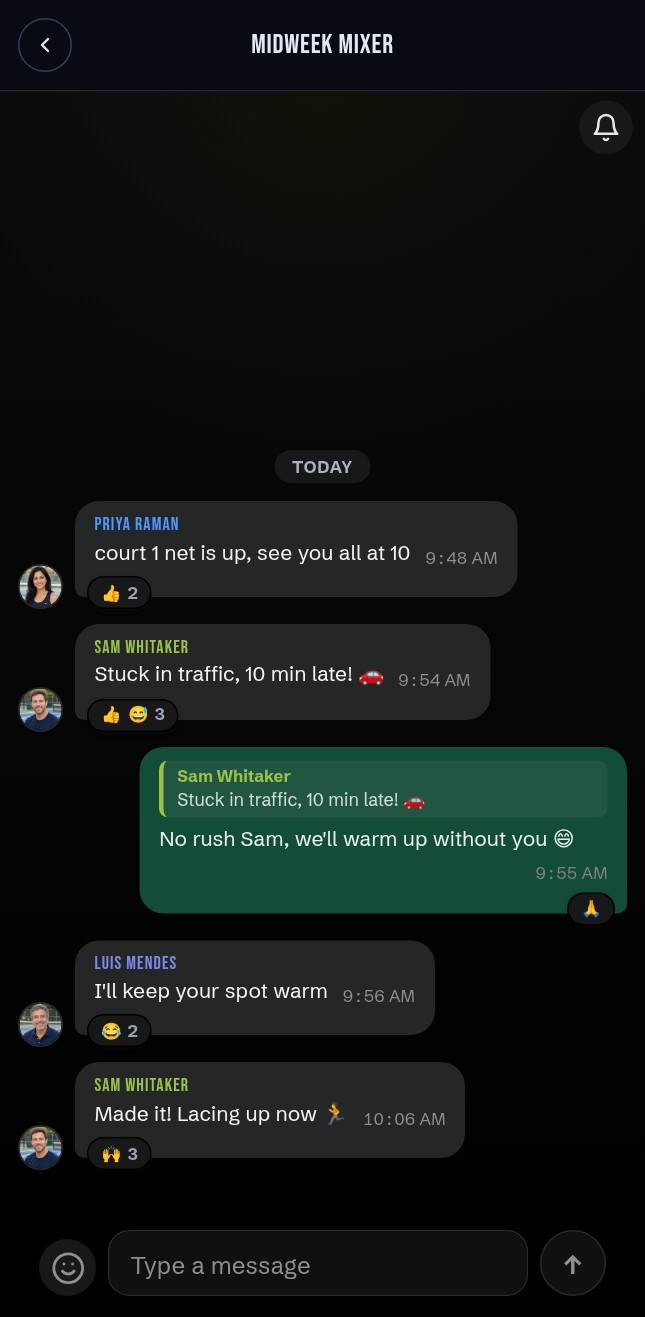 The session chat: Sam is stuck in traffic, 10 minutes late, and Maya replies no rush