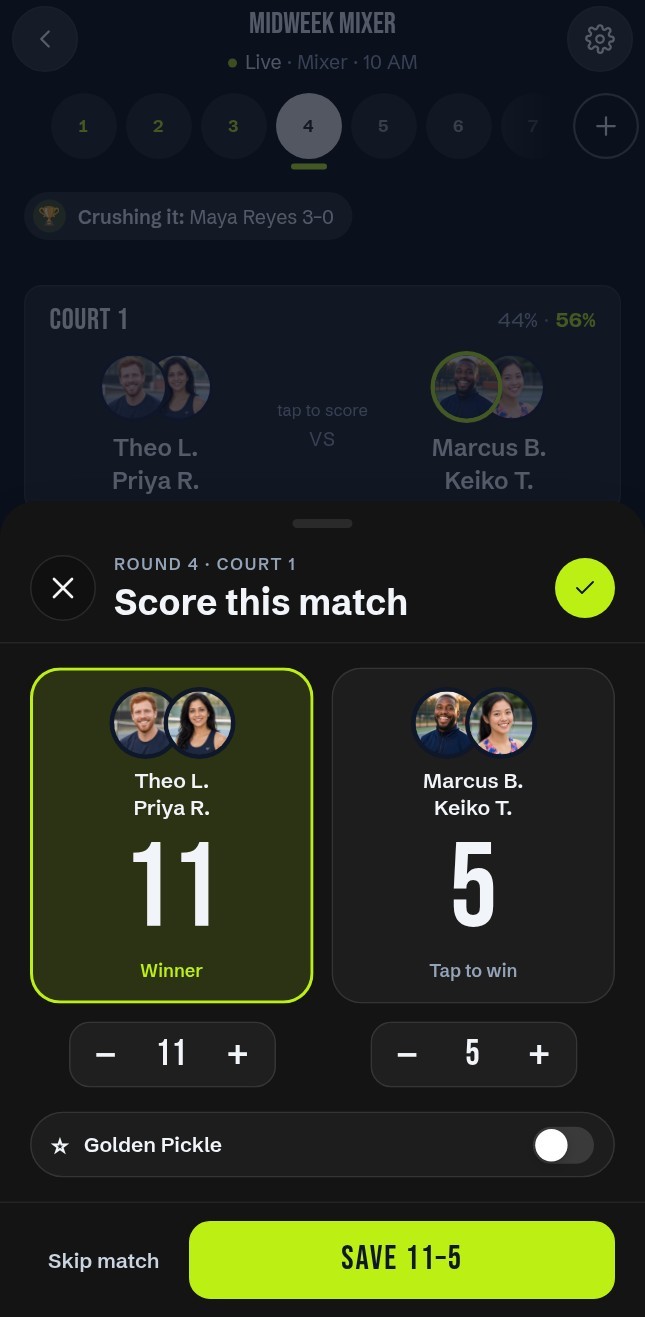 The score sheet for court 1: 11 to 5