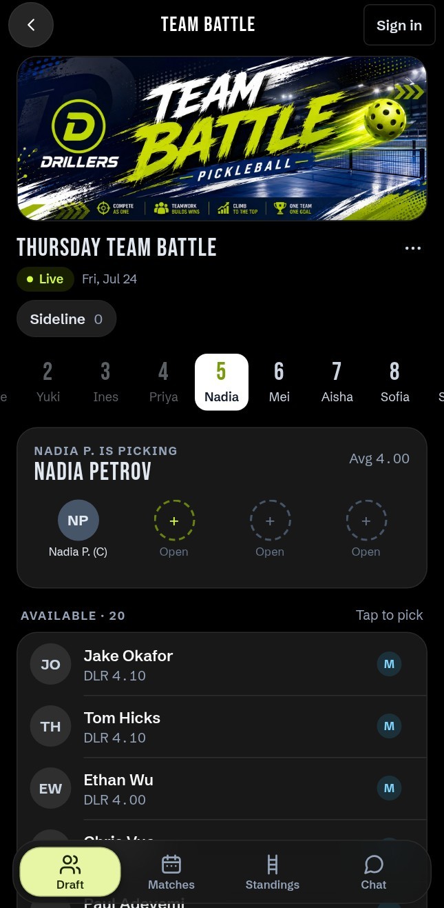 A live Team Battle draft: Nadia is picking, twenty players left in the pool