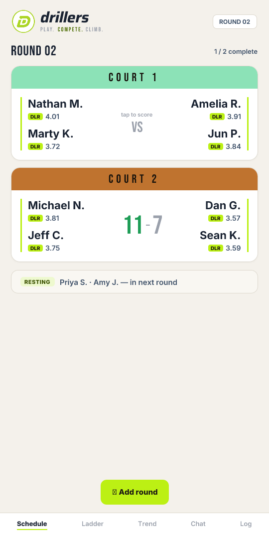 A generated round robin lineup in the Drillers app, showing courts, teams, and who is sitting out next round.